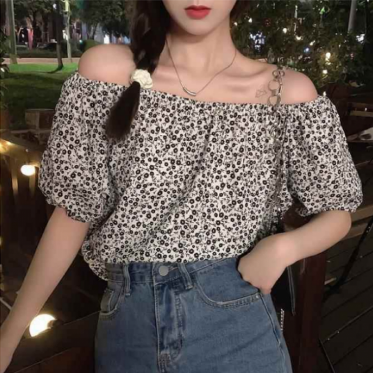 여성 오프숄더 블라우스 플라워 패턴 프릴 밴딩 여름 데일리