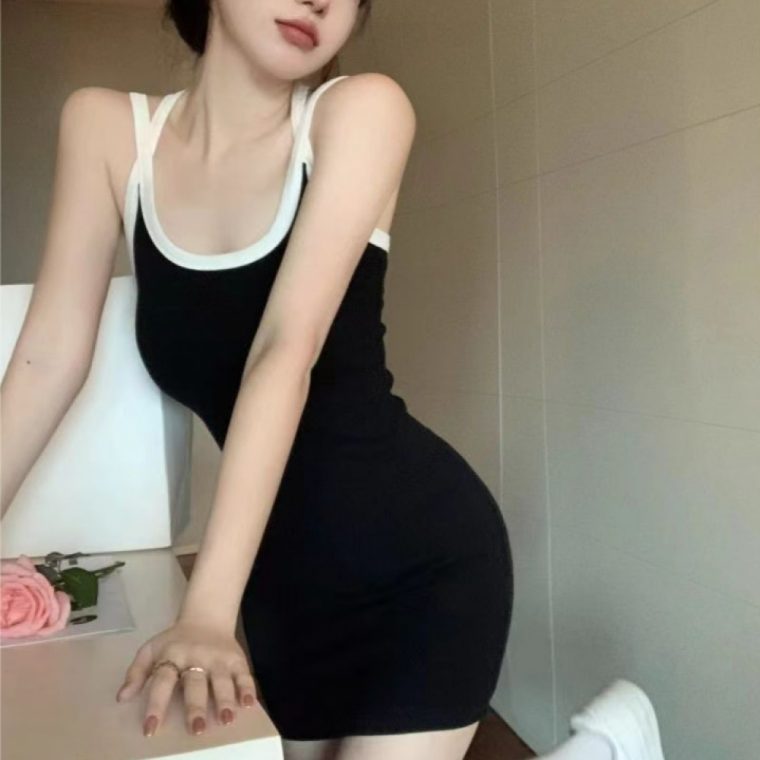 여성용 배색 크로스 슬림핏 원피스 나시 민소매 여름 미니원피스