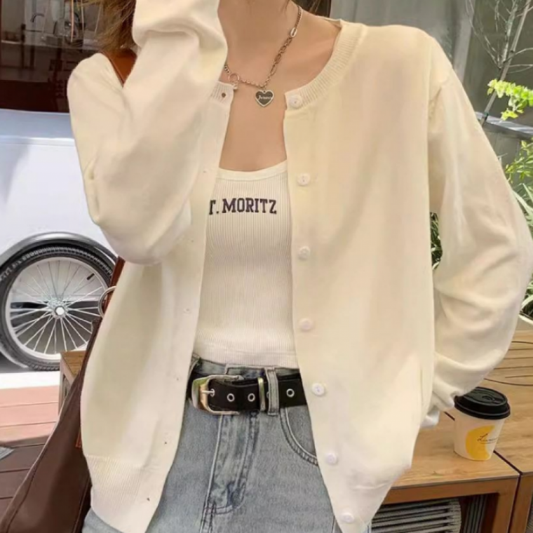 여성용 라운드넥 데일리 가디건 심플핏 여름 간절기 니트 아우터