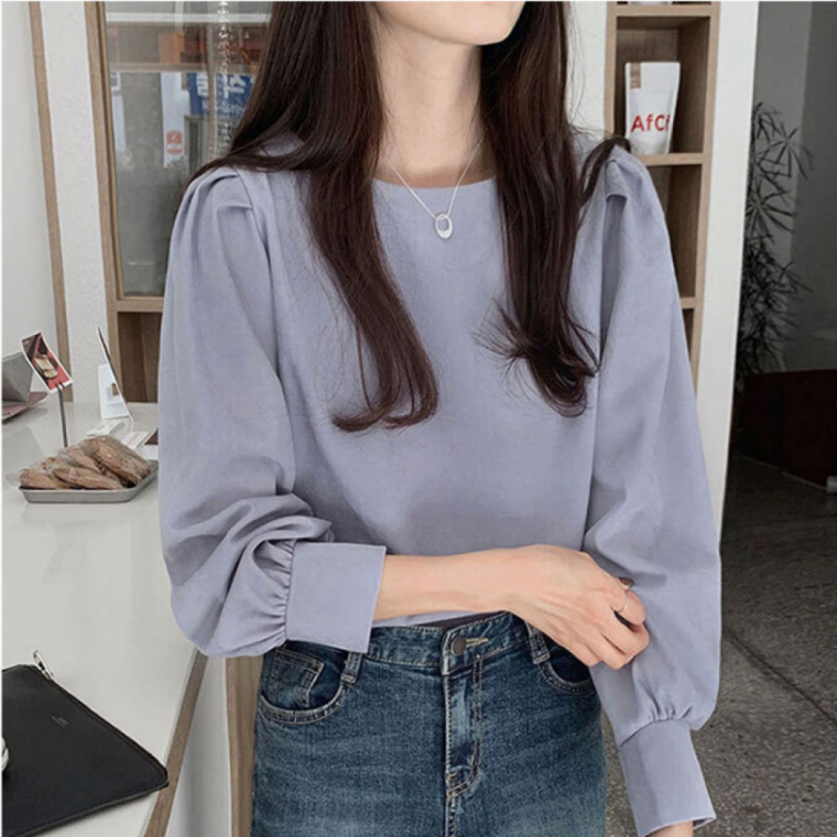 여성 무지 핀턱 셔링 블라우스 여름 데일리 루즈핏 소매라인 셔츠