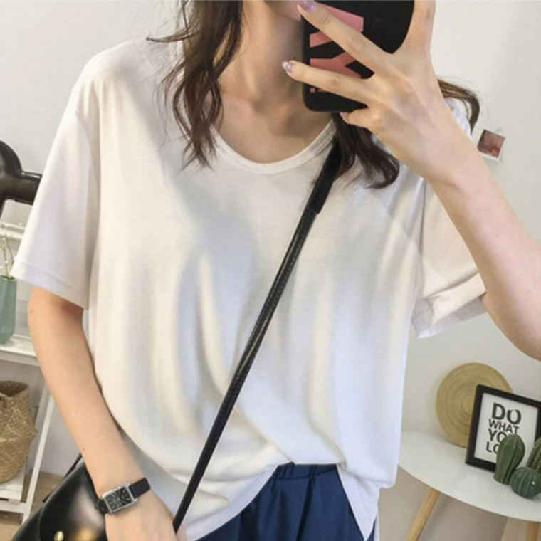 여름 루즈핏 반팔티 여성용 U넥 베이직 캐주얼 데일리 티셔츠