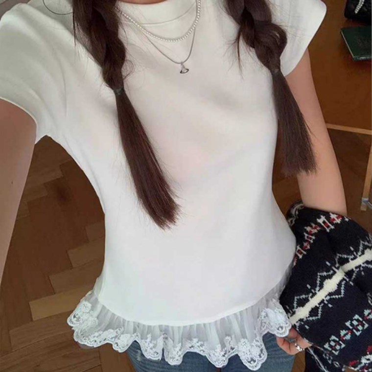 레이스 프릴 디테일 반팔 티셔츠 밑단 포인트 여성용 데일리룩