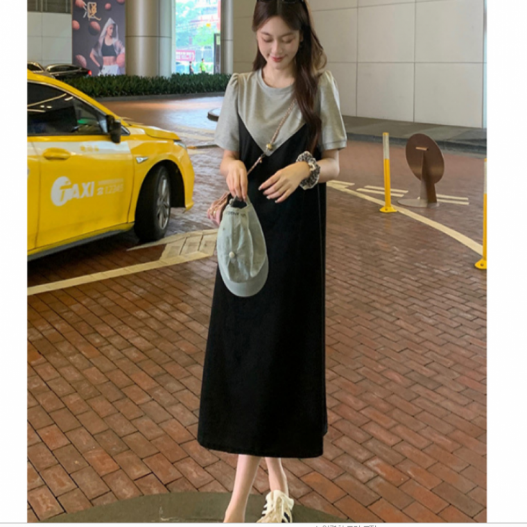여성반팔원피스 그레이톤티셔츠+블랙뷔스티 반팔 롱원피스 사무실 하객룩