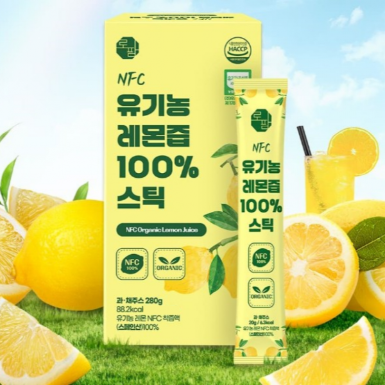 [로팜] 유기농 레몬즙 스틱 100% 원액 20g×30포 NFC 착즙 무첨가 무설탕 개별포장 휴대용 비타민C