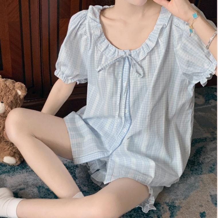 여성 러블리 시원한 파자마세트 여름잠옷 프릴 체크무늬 반팔