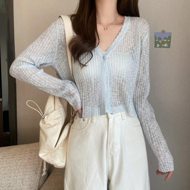 크롭 가디건 여성스런 입기좋은 시스루 가볍게 프릴 비치커버업