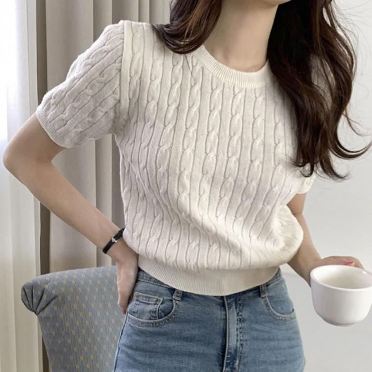 부드러운 케이블 여성스런 시원하고 베이직 꽈배기 니트 반팔