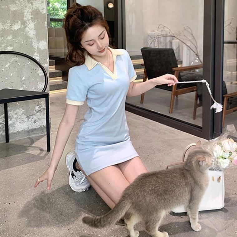 여성 배색 오픈카라 슬림핏 캐주얼 미니 원피스