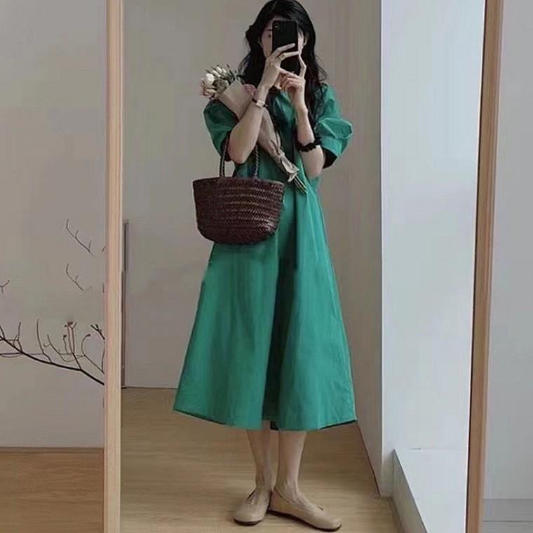 여자 퍼프소매 코튼 A라인 체형커버 원피스
