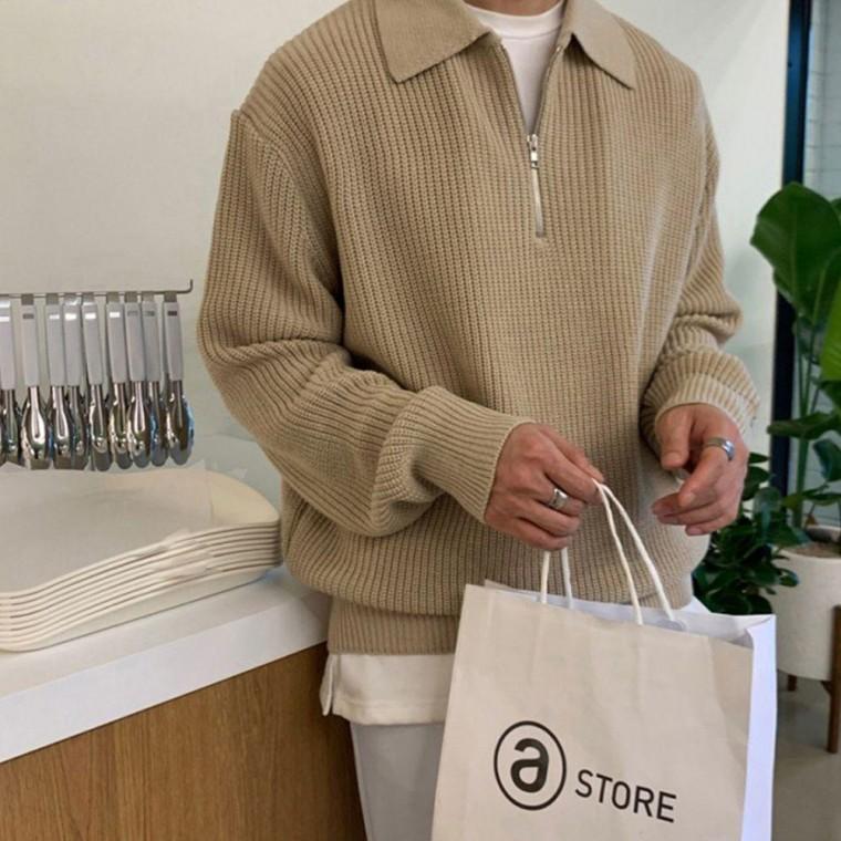 반집업 스타일 남성 긴팔 카라 베이직 스타일 니트