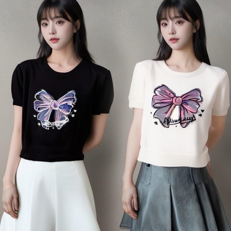 예쁜 리본 프린팅 라운드넥 여름 여성 니트 티셔츠
