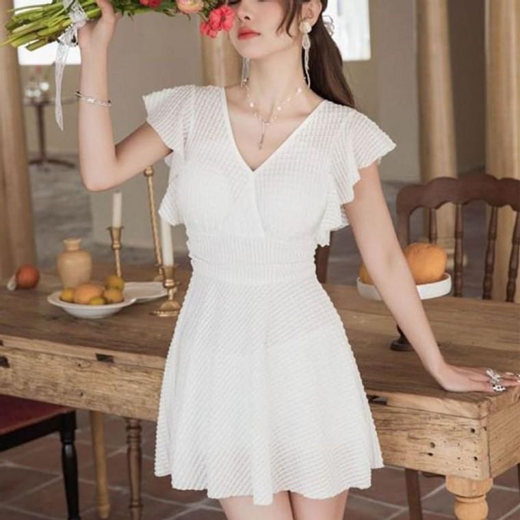 브이넥 플레어 여자 스윔웨어 와플 여성 원피스수영복