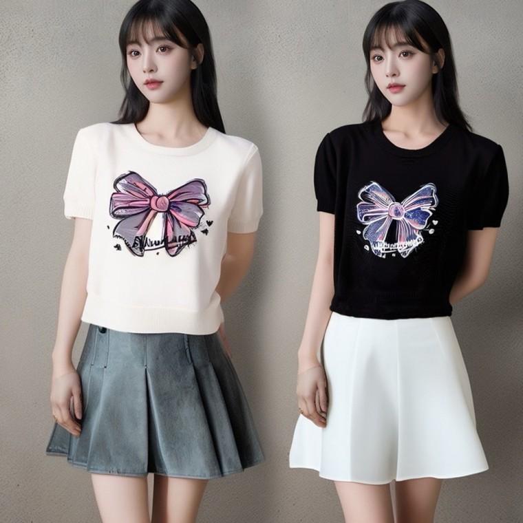 여자 여름 외출 리본 포인트 라운드넥 니트 반팔티