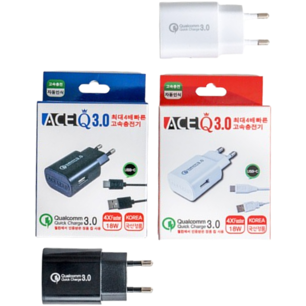 인지텔레콤 에이스 Q3.0 고속 충전기 화이트 1개 USB 1포트(C타입 핀 케이블 포함)