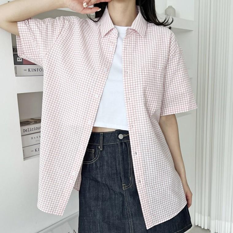 여자 여성 남방 셔츠 블라우스 반팔 체크 기본 베이직 데일리 캐주얼 휴양지 시어서커 오피스 카라 컬러