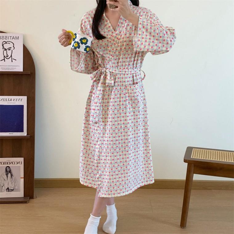체크 하트 롱 샤워 잠옷 가운 LM-0675