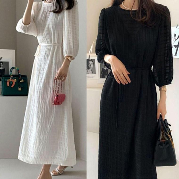 여성 1P 간절기 실루엣 패션 치마 텍스쳐 롱원피스 긴팔