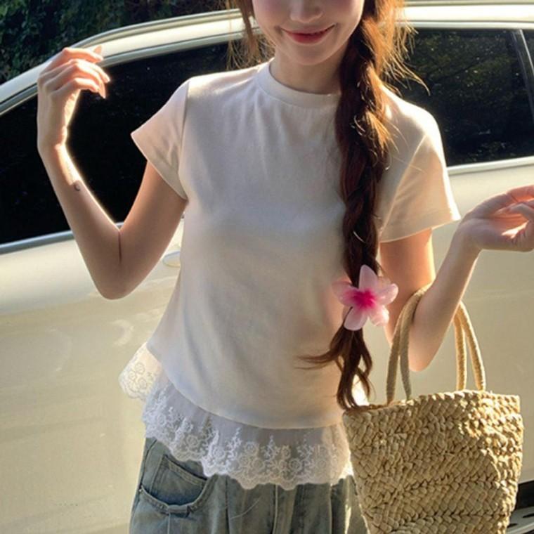 반팔티 슬림핏 레이스 러블리 여성 티셔츠 데일리 1P