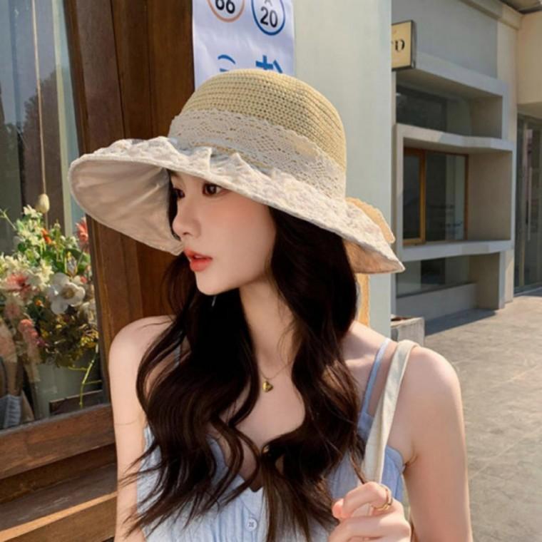 레이스 밀짚 모자 버킷햇 여성 바캉스 러블리 리본