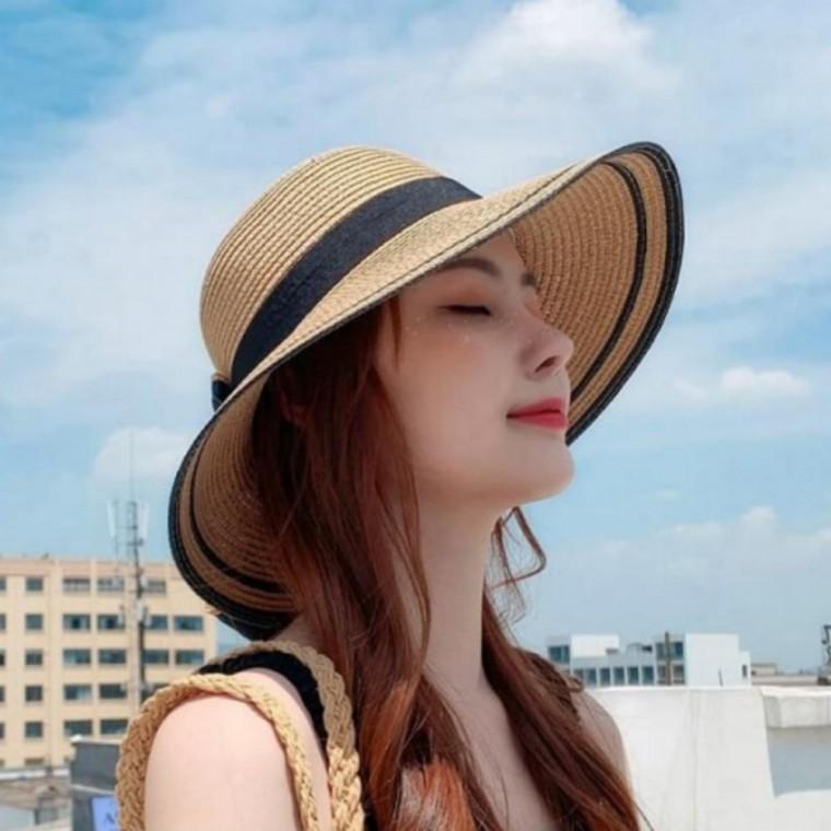 휴양지 버킷햇 모자 여성 밀짚 비치 여행 리본