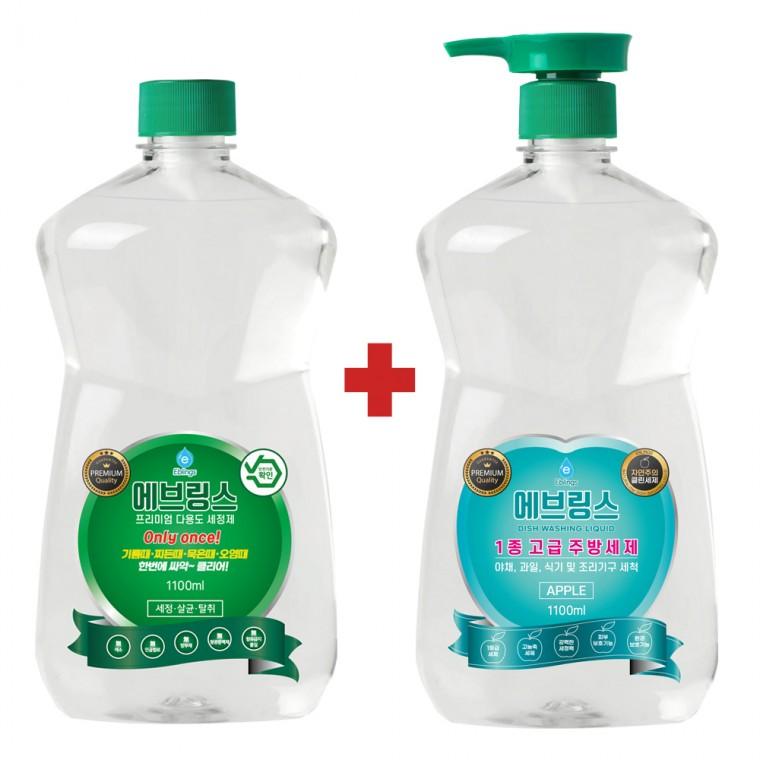 원쁠원(1+1) 한국미라클피플사 에브링스 프리미엄 다용도세정제 1100ml+1등급(1종) 주방세제 1100ml