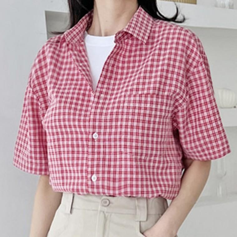 여자 여성 반팔 체크 남방 셔츠 캐주얼 기본 베이직 데일리 일상 휴양지 여행 시어서커 심플 컬러 빅사이즈