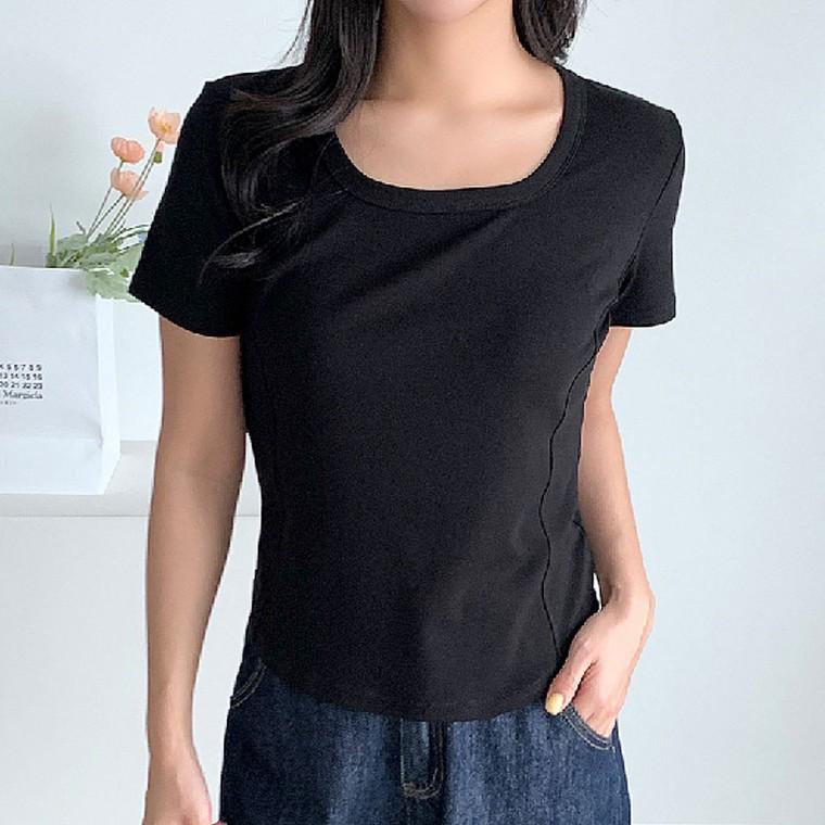 여름 스퀘어넥 절개 반팔티 여성 데일리 캐주얼룩 티셔츠