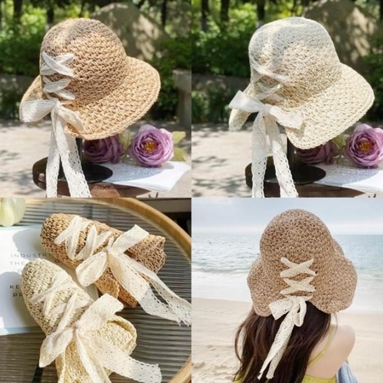 접이식 휴대용 뒷리본 라탄 왕골모자