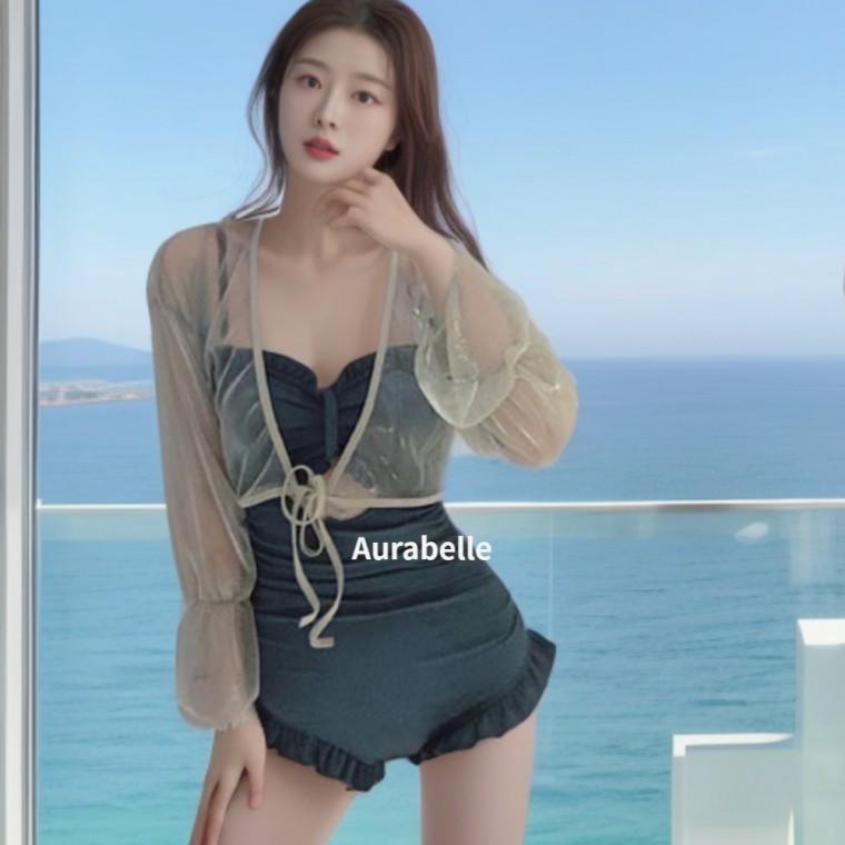 아우라벨르 셔링모노키니 프릴 어깨끈 호텔 비치웨어 원피스 바캉스 헤변룩 호캉스 여행룩 체형커버 리본섹