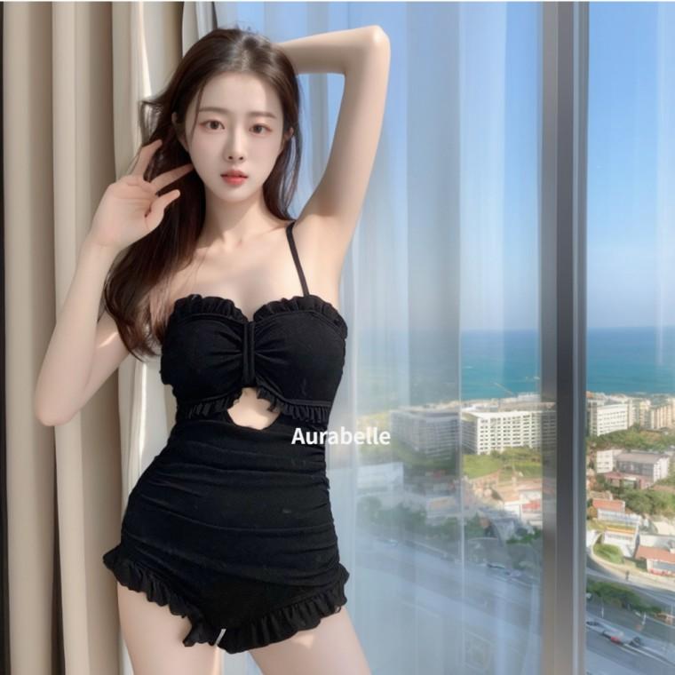 아우라벨르 블랙 모노키니 프릴어깨끈 호텔 비치웨어 원피스 바캉스 헤변룩 호캉스 여행룩 체형커버 리본섹