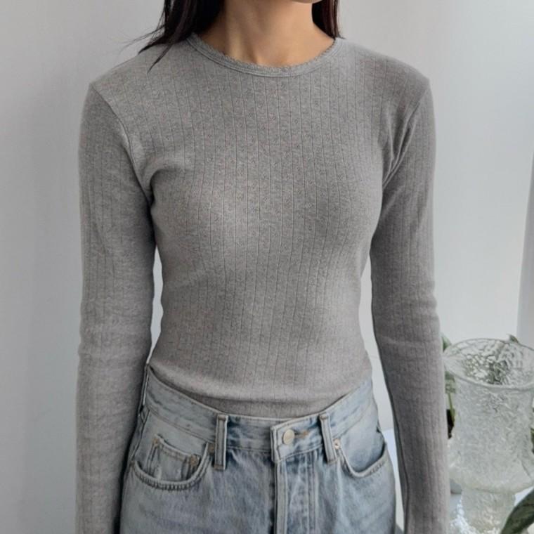 에투르 여리핏 티셔츠 그레이 슬림 여성 봄 빈티지 펀칭 프릴 물결 이너 티 여자 봄옷 레이어드[국내제작]