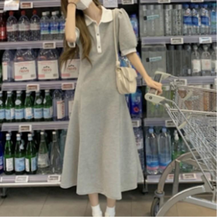 패셔너블 롱 배색카라 트렌디한캐주얼룩 세련된원피스 심플무드 반팔 30대여성 원피스 20대여성 데일리코디