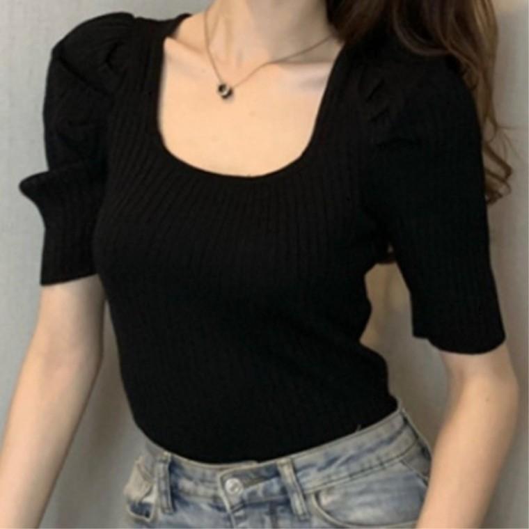 스퀘어넥 퍼프 심플룩코디 일상코디룩 반팔니트 20대여성 단정한스타일 여름 젊줌마 썸머 여성캐주얼티셔츠