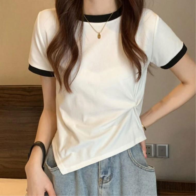 일상코디룩 사선 심플룩코디 젊줌마 허리잘록 여성캐주얼티셔츠 여름반팔 옆꼬임 반팔티셔츠 세련된느낌