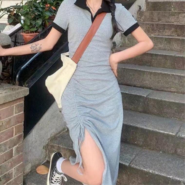 30대여성 세련된스타일 클레식 원피스 반팔 30대데일리룩 포인트 옆셔링 카라 데일리코디 배색 패셔니스타