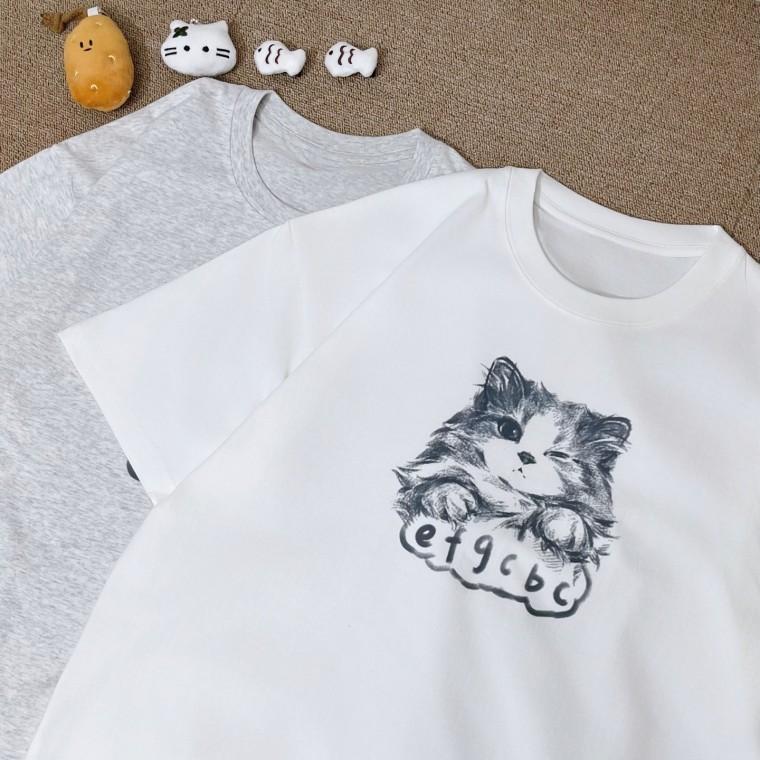 고양이 드로잉 반팔티 오버핏 티셔츠 프린팅 힙덮는 귀여운