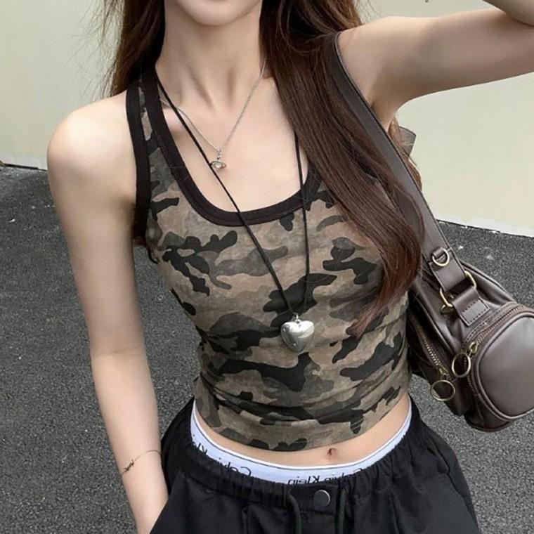 카모플라쥬 크롭 나시 스트릿 레이어드 섹시 밀리터리 탑