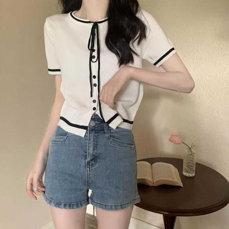포인트 여성 반팔 가디건 세미 크롭 넥 리본 타이 사무실 여자봄 예쁜 여성봄 봄가디건
