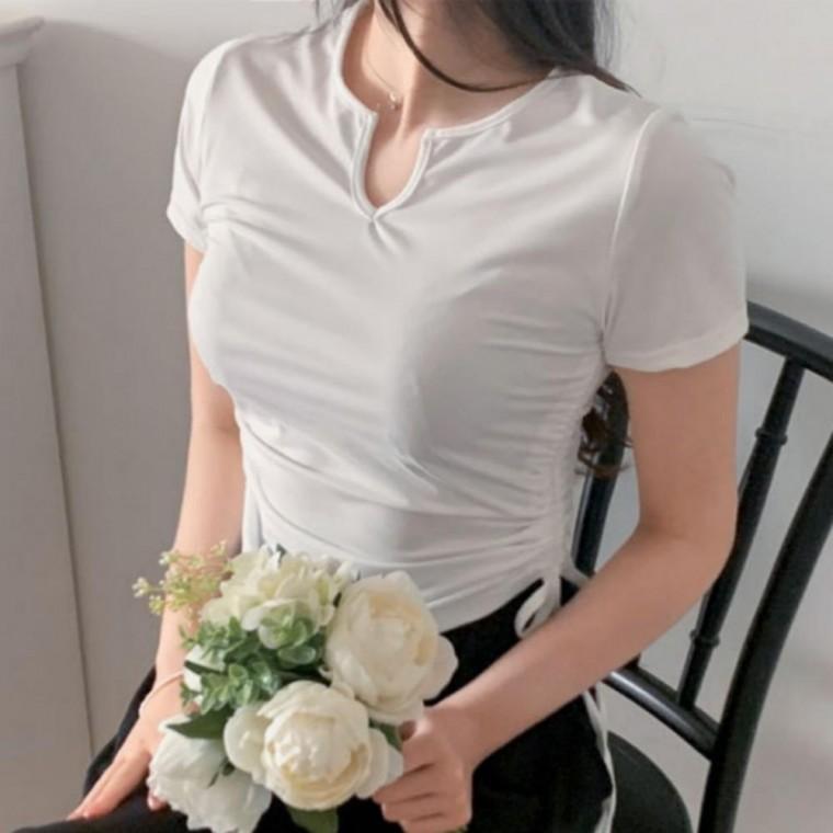 셔링 반팔 티셔츠 여자 허리 옆 데이트룩 베이직