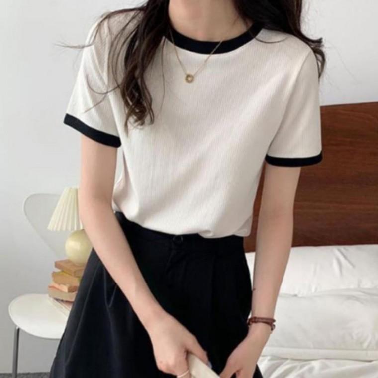 투톤 반팔티 여성 하프 데일리 심플 귀여운