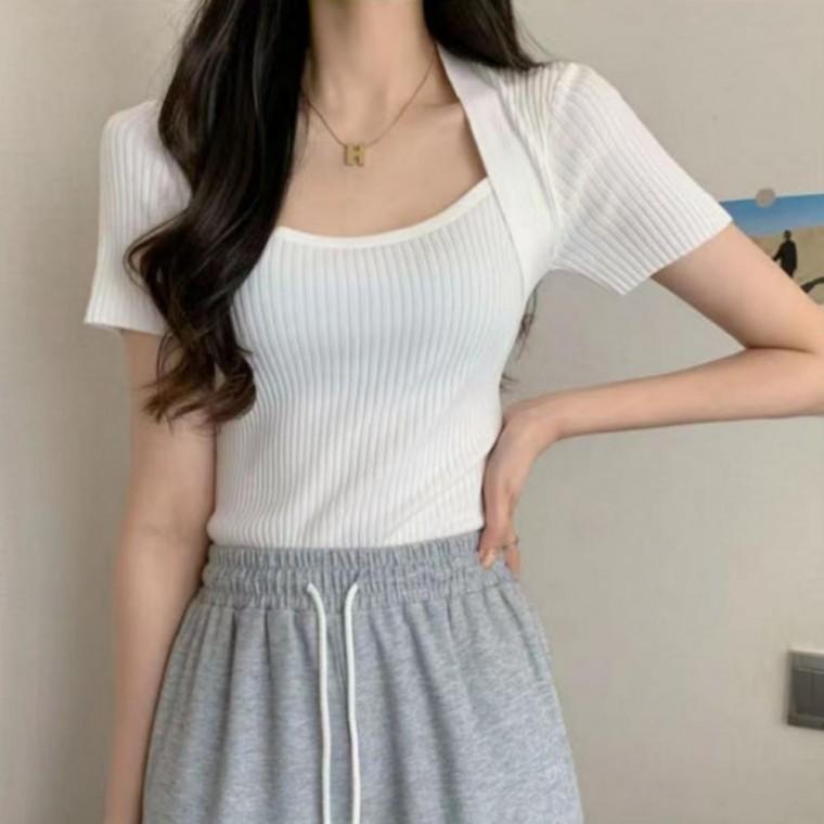 골지 반팔 티셔츠 무지 스퀘어넥 스판 베이직