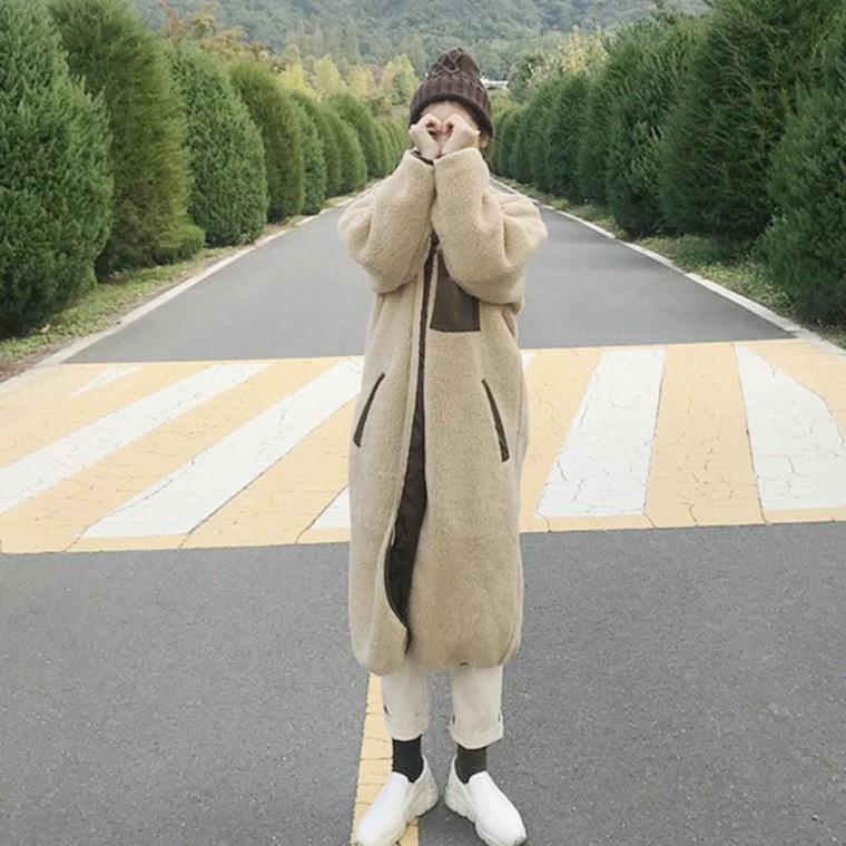 봄 가을 간절기 양털 플리스 집업 뽀글이 양털후리스 롱코트 여성 트렌치코트