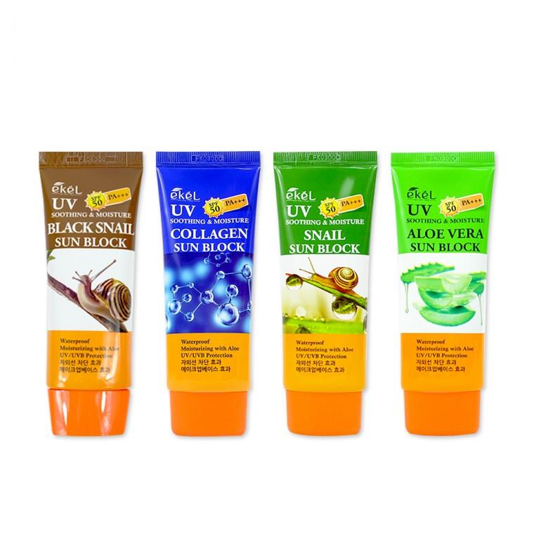이켈 수딩앤모이스쳐 선블럭(70ml) 3종(스네일 알로에베라 콜라겐)선크림 자외선차단제 선블록 썬밤