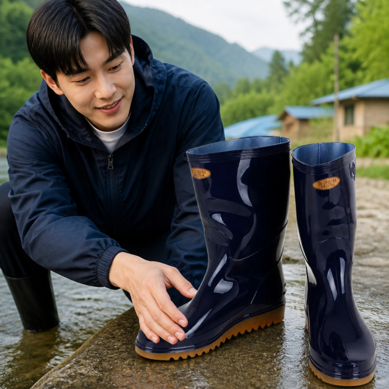 남자 PVC 반장화 미끄럼방지 농사 낚시 작업용 장화 청색 백색