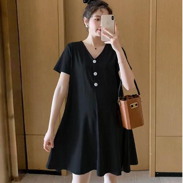 쓰리버튼 단추 무릎기장 브이넥 원피스 임산부 넉넉한핏 여성 캐주얼 데일리 일상복 베이직 패션