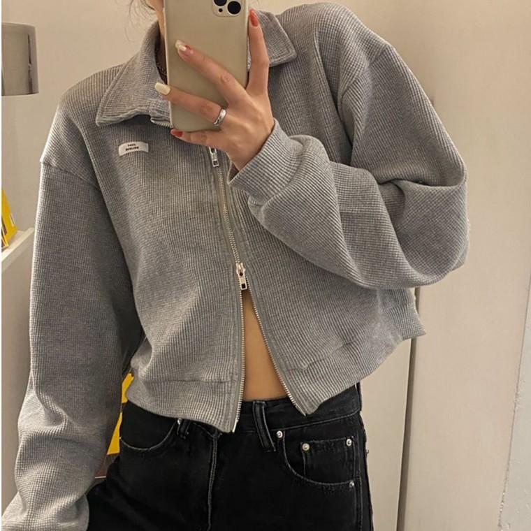 봄 가을 투웨이 집업 여성 간절기 패션 와플 패턴 자켓