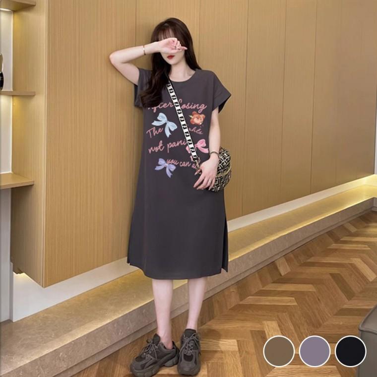 예쁜 리본 영문 넉넉한 오버핏 밑단 트임 여성 원피스