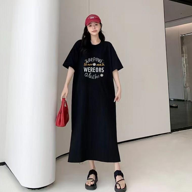 트렌디 영문 레터링 밑단 트임 오버핏 여성 빅 원피스
