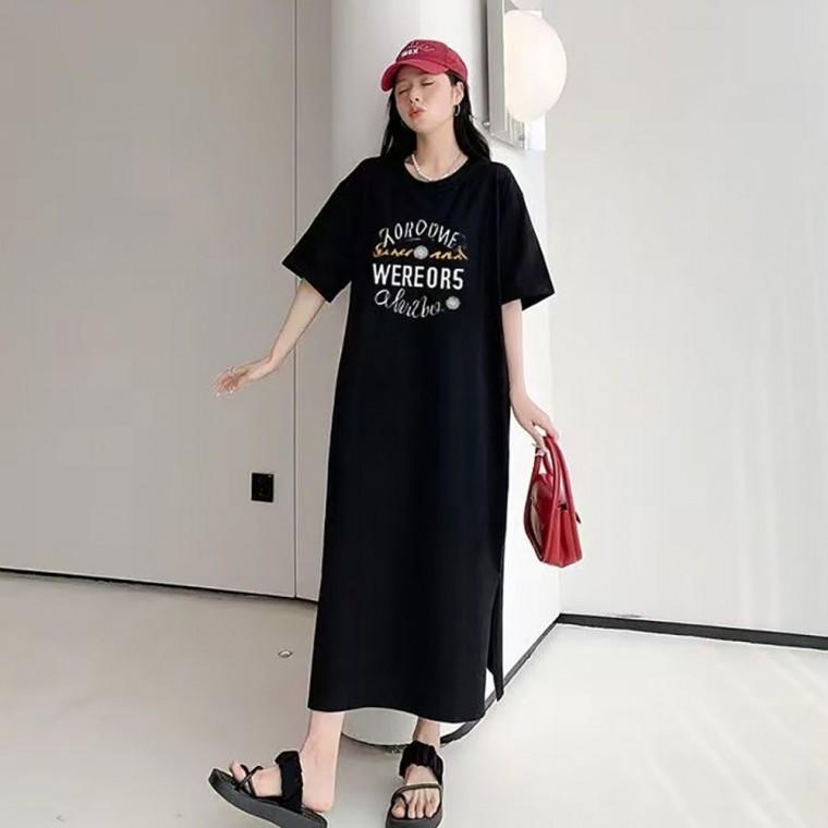 여자 블랙 색상 빅 영문 포인트 휴양지 외출 데일리 반팔 원피스
