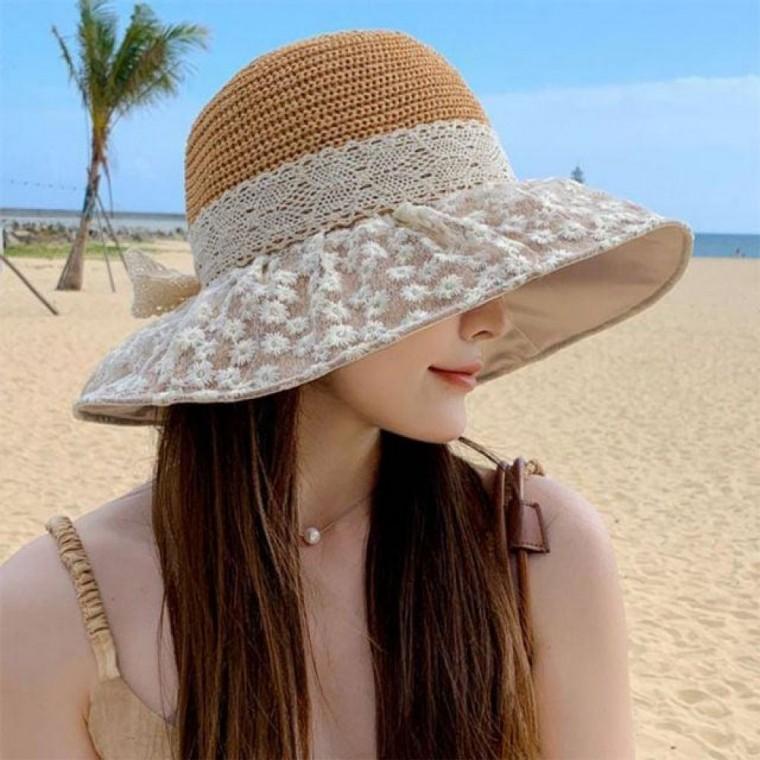 데이지 레이스 챙 리본 짜임 모자 여름 벙거지 선캡 벙거지 모자 여자 썬캡 밀짚 사파리 밀집 여름 예쁜